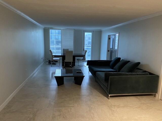 living room with ornamental molding