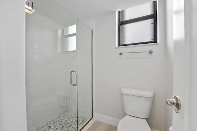 bathroom with plenty of natural light, a shower with shower door, toilet, and wood-type flooring