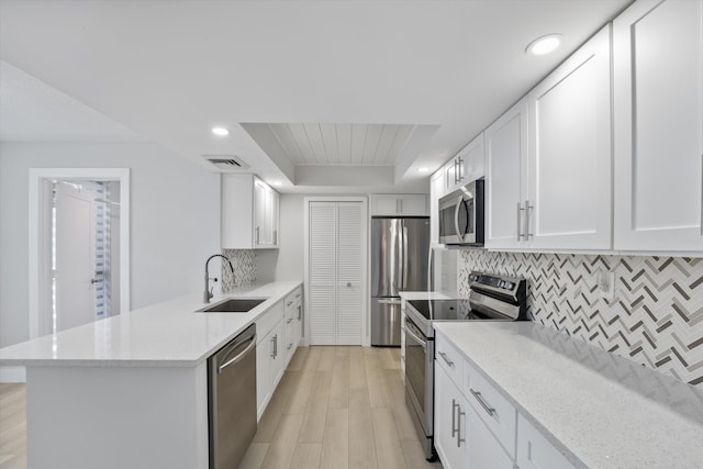 kitchen with appliances with stainless steel finishes, tasteful backsplash, sink, white cabinetry, and light wood-type flooring