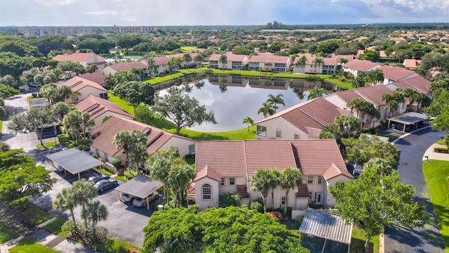 bird's eye view with a water view