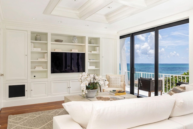 living room featuring crown molding, coffered ceiling, dark hardwood / wood-style floors, and beamed ceiling