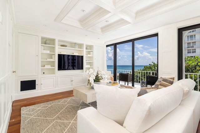 2275 S Ocean Boulevard 307 & 308, Palm Beach, FL 33480 - living room featuring ornamental molding, coffered ceiling, wood finished floors, and a wealth of natural light