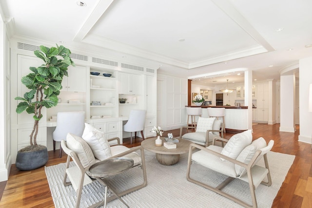2275 S Ocean Boulevard 307 & 308, Palm Beach, FL 33480 - living room featuring recessed lighting, ornamental molding, wood finished floors, and built in study area