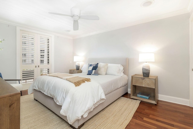 bedroom featuring ceiling fan, access to exterior, dark wood-type flooring, and crown molding