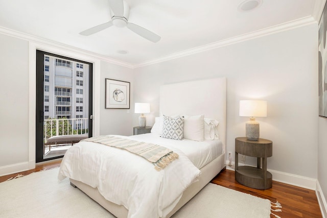 bedroom with ceiling fan, hardwood / wood-style flooring, crown molding, and access to outside