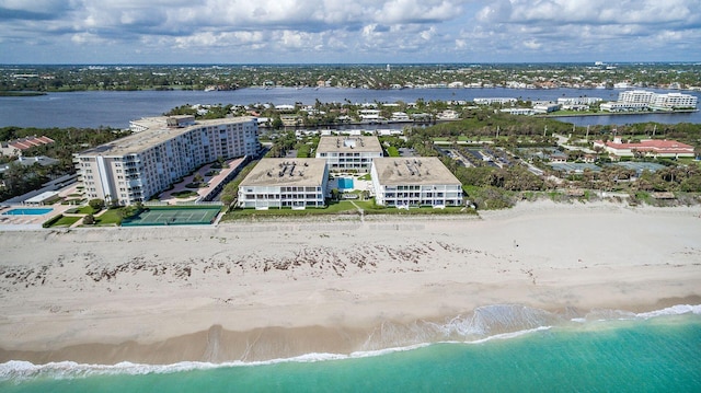 bird's eye view with a view of the beach and a water view