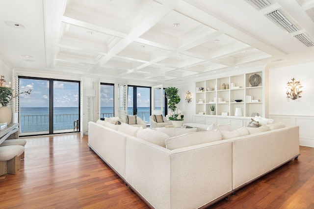 2275 S Ocean Boulevard 307 & 308, Palm Beach, FL 33480 - living area with dark wood-type flooring, coffered ceiling, visible vents, and beamed ceiling