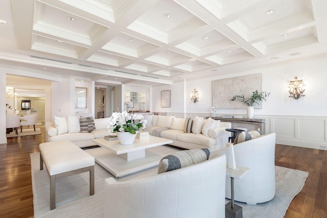 2275 S Ocean Boulevard 307 & 308, Palm Beach, FL 33480 - living area with crown molding, beamed ceiling, wood finished floors, and coffered ceiling