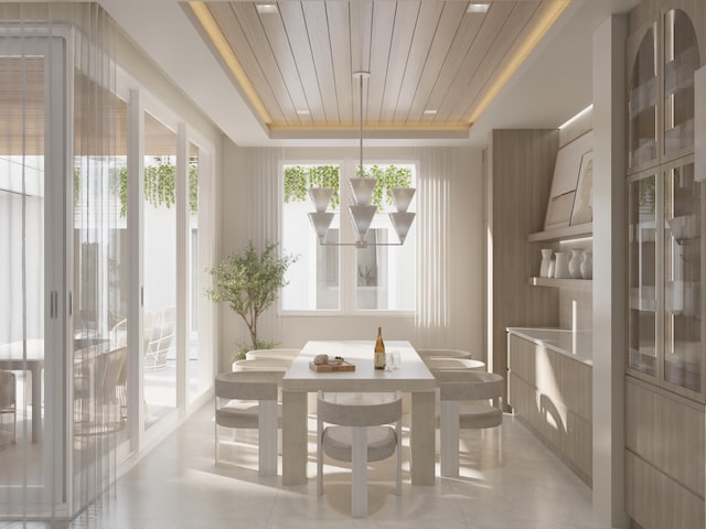 dining room with an inviting chandelier, wooden ceiling, and a tray ceiling