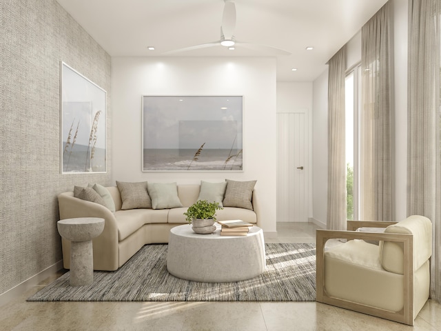 living room featuring recessed lighting and a ceiling fan