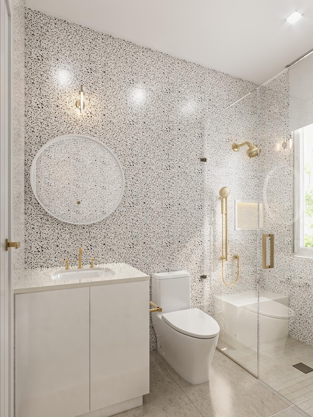 bathroom featuring vanity, a tub to relax in, tile walls, toilet, and tile patterned floors