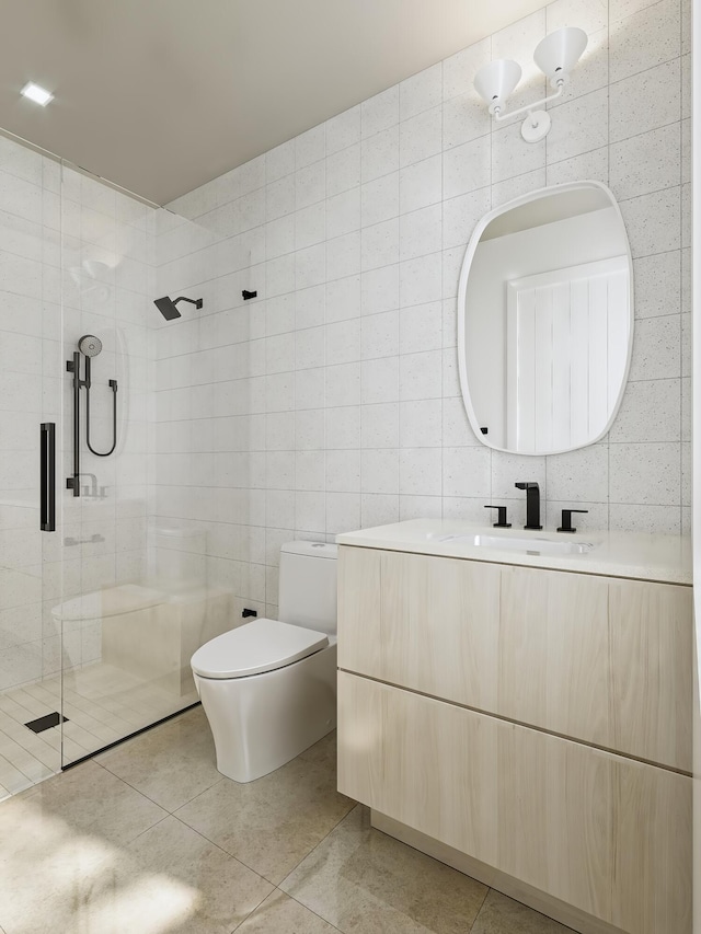 bathroom featuring tile walls, toilet, and a shower stall