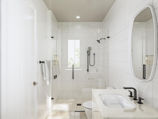 bathroom featuring toilet, a stall shower, vanity, and tile patterned flooring