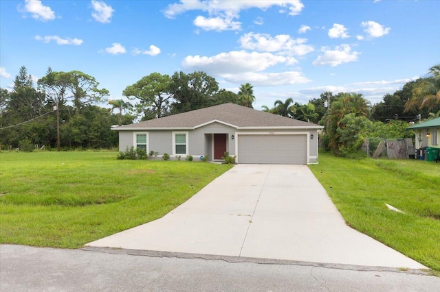 ranch-style home with a front yard and a garage