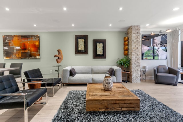 living room featuring crown molding and light hardwood / wood-style flooring