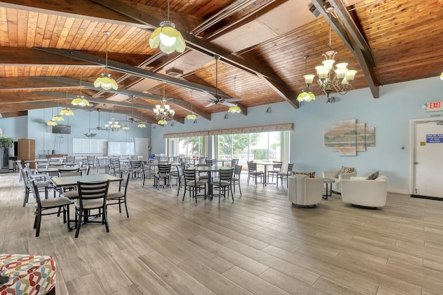 dining space with wooden ceiling, beam ceiling, and light hardwood / wood-style floors