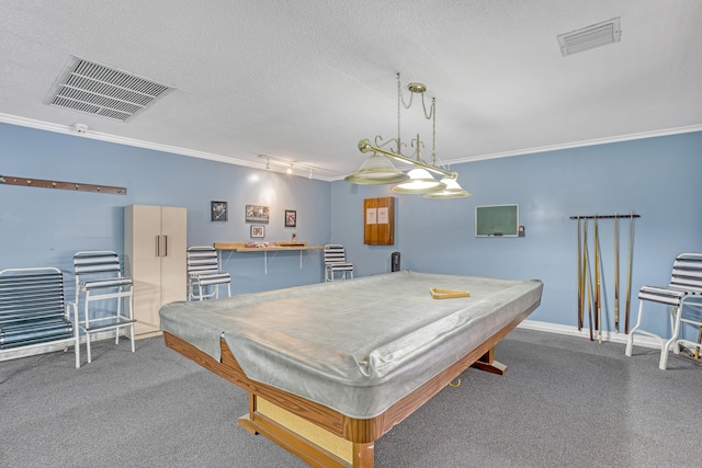 game room with billiards, crown molding, a textured ceiling, and track lighting