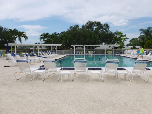 view of swimming pool with a patio