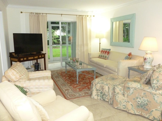 living room featuring light tile patterned floors and ornamental molding