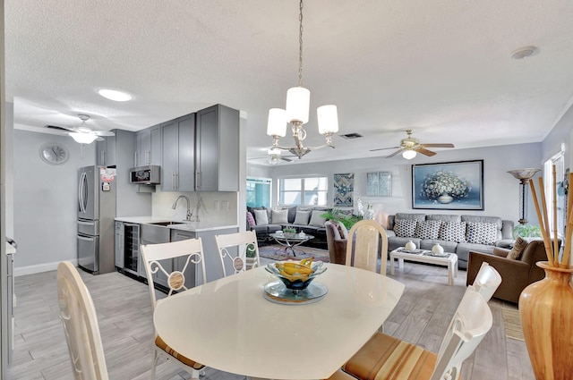 dining area with ceiling fan with notable chandelier, a textured ceiling, wine cooler, and light hardwood / wood-style floors