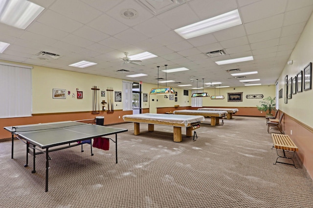 game room featuring billiards, a paneled ceiling, ceiling fan, and carpet flooring