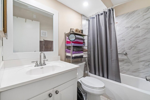 full bathroom featuring vanity, toilet, and shower / bathtub combination with curtain