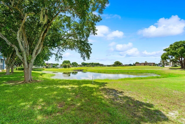 view of home's community featuring a lawn and a water view