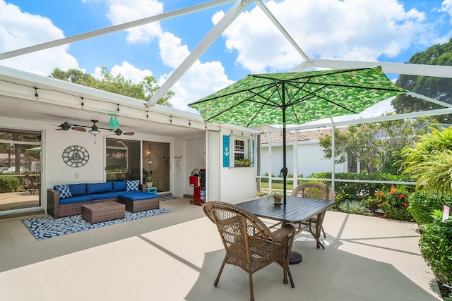 view of patio with an outdoor hangout area and ceiling fan