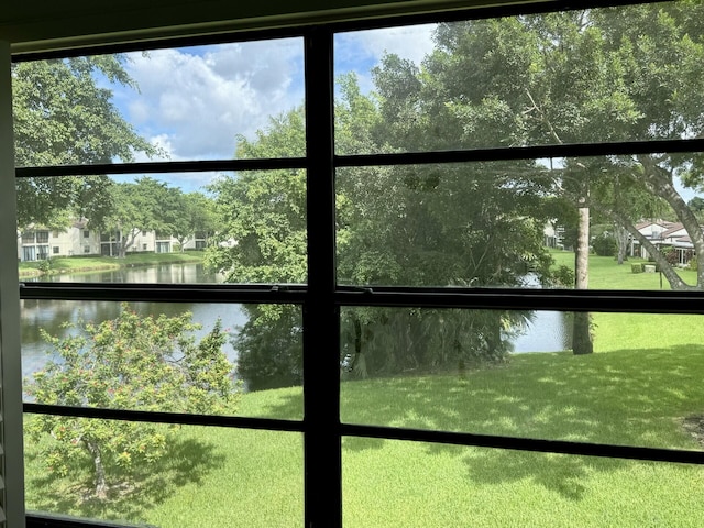 interior details with a water view