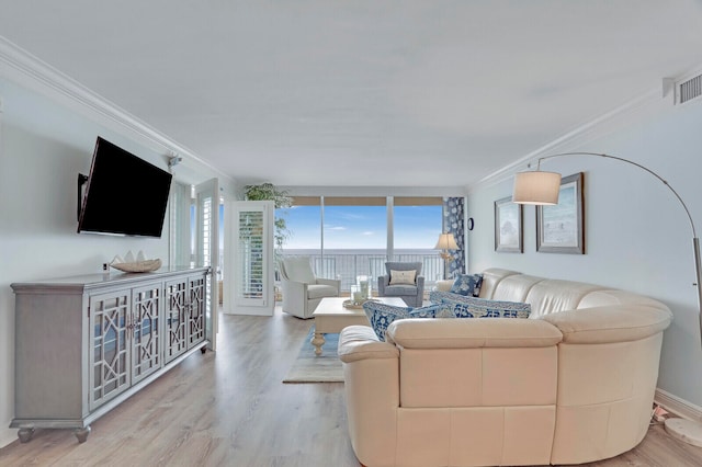 living room with expansive windows, crown molding, and light hardwood / wood-style floors