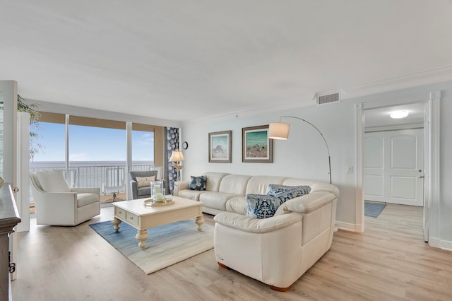 living room with expansive windows, ornamental molding, and light hardwood / wood-style floors