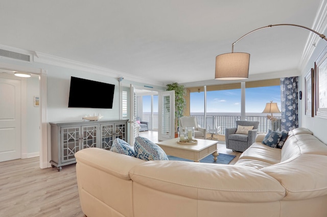 living room featuring light hardwood / wood-style floors and ornamental molding