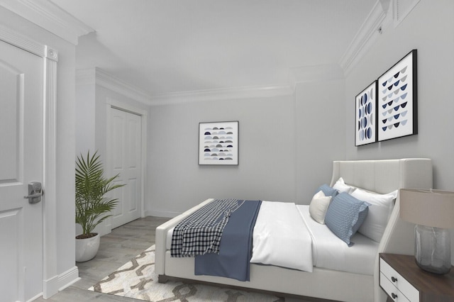 bedroom featuring ornamental molding and light hardwood / wood-style flooring