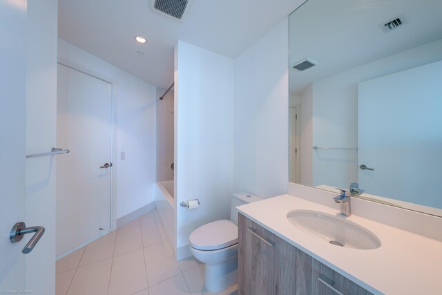 full bathroom with vanity, toilet, shower / bathtub combination, and tile patterned floors