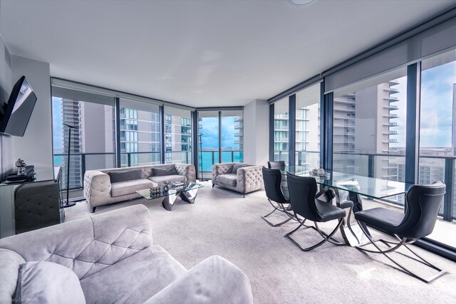 living room with expansive windows and carpet floors