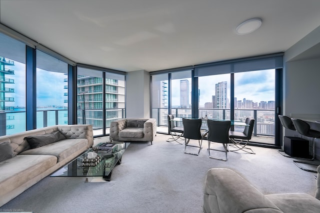 living room featuring expansive windows and carpet