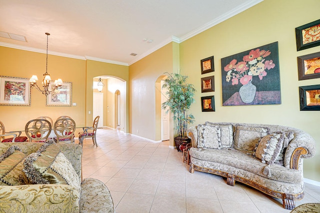 living room featuring crown molding, an inviting chandelier, and tile patterned floors