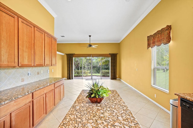 kitchen featuring ceiling fan, dishwasher, crown molding, and light tile patterned flooring