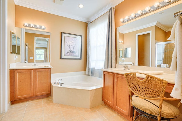 bathroom with vanity, ornamental molding, tile patterned floors, and plus walk in shower