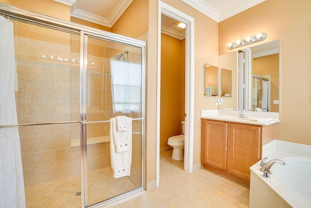 full bathroom featuring toilet, shower with separate bathtub, and crown molding