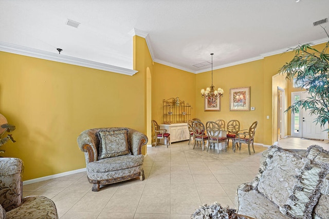 living room with ornamental molding, light tile patterned floors, and a chandelier