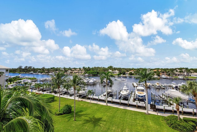 dock area with a water view and a yard