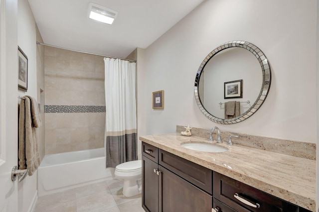 full bathroom with toilet, vanity, shower / bath combination with curtain, and tile patterned floors