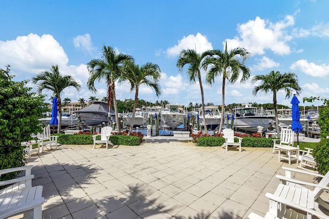 view of patio featuring a dock and a water view