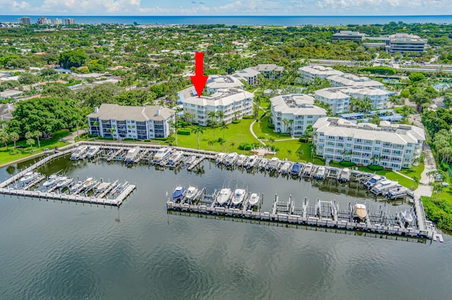 bird's eye view with a water view