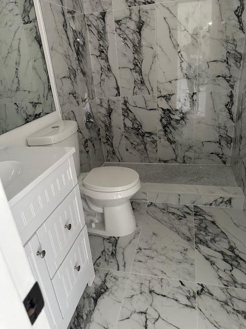 bathroom featuring a shower, vanity, and toilet