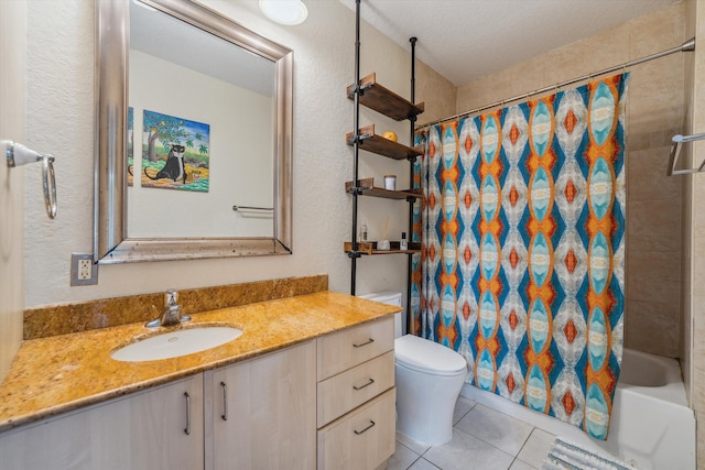 full bathroom with tile patterned floors, a textured ceiling, toilet, shower / tub combo with curtain, and vanity