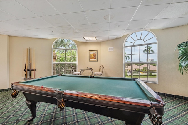 game room with carpet floors, a drop ceiling, and billiards