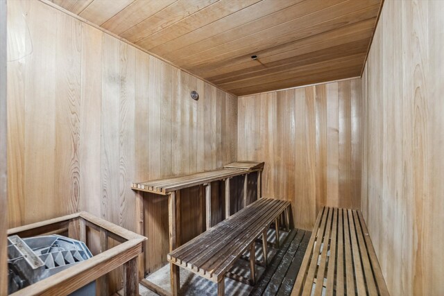 view of sauna / steam room with wooden walls and wood ceiling