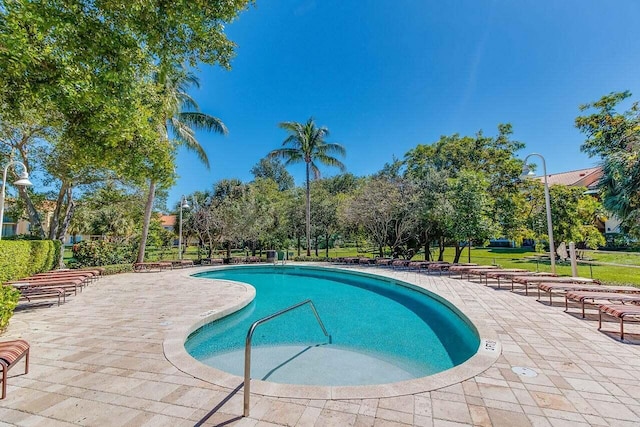 view of swimming pool with a patio